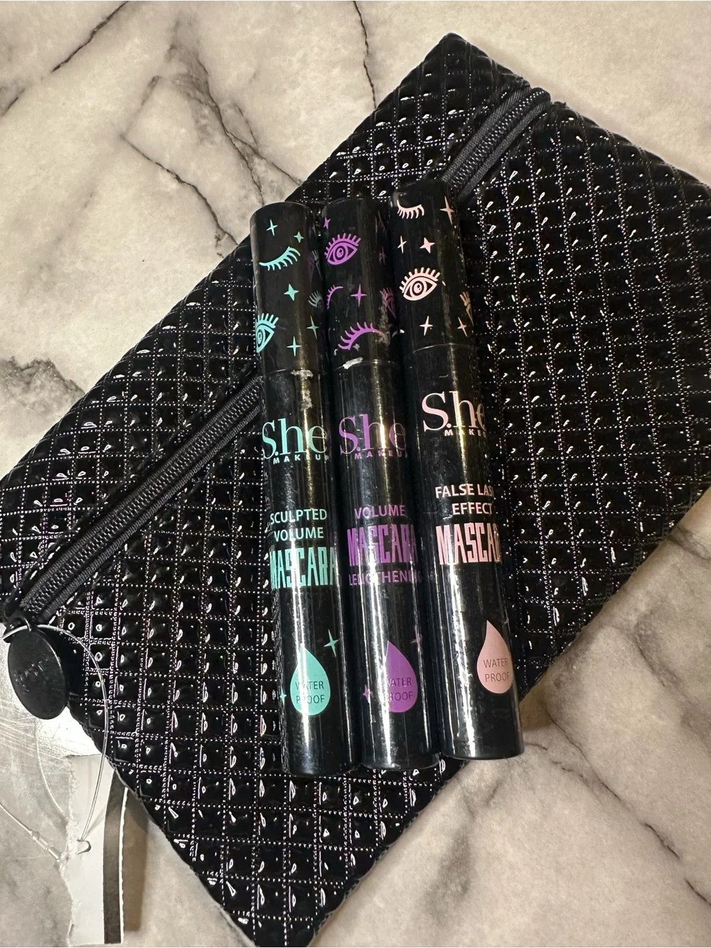 S.he Waterproof Mascara Trio - Black with black make up bag